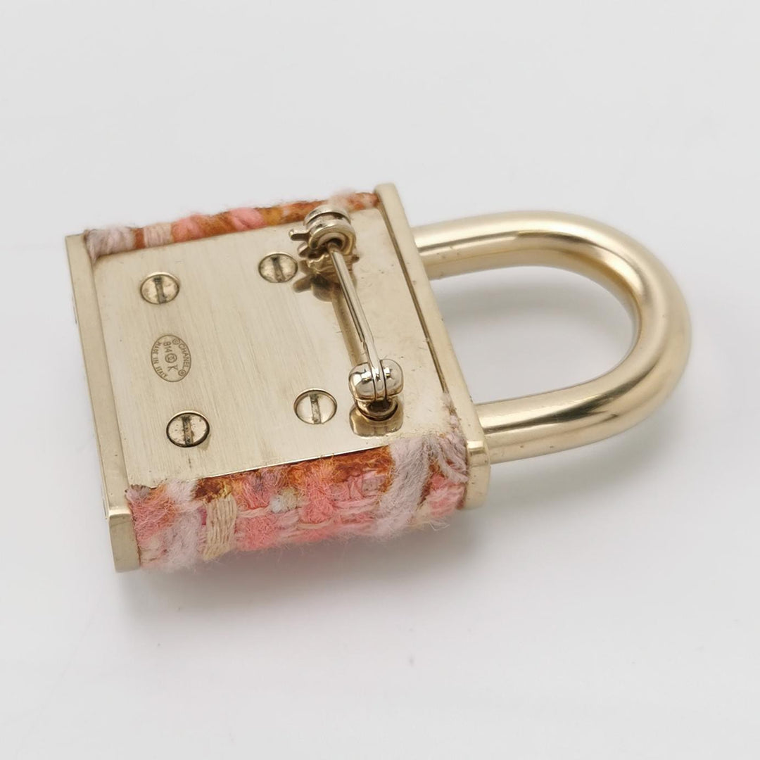 Chanel Tweed CC Oversized Padlock Pin Brooch Pink Gold