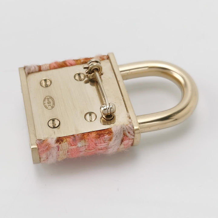 Chanel Tweed CC Oversized Padlock Pin Brooch Pink Gold