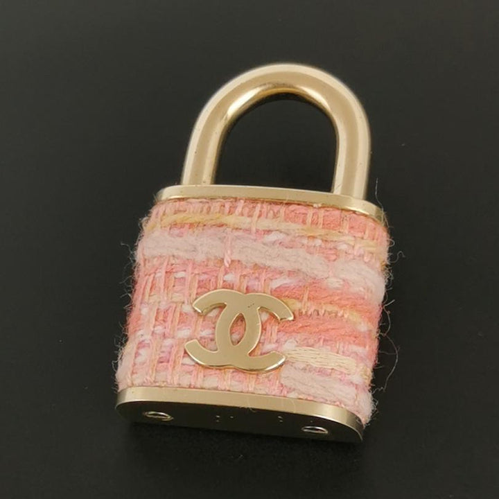 Chanel Tweed CC Oversized Padlock Pin Brooch Pink Gold