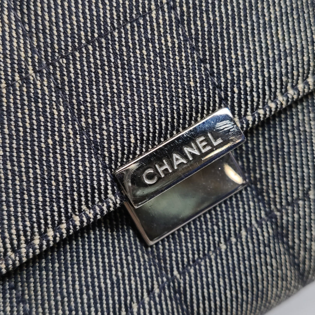 Chanel Chocolate Bar Coco Mark Clutch Bag Medium Denim Silver Hardware
