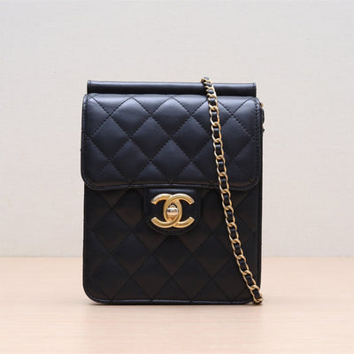 Chanel Quilted Black Vertical Phone Clutch Lambskin Gold CC Logo