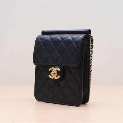 Chanel Quilted Black Vertical Phone Clutch Lambskin Gold CC Logo