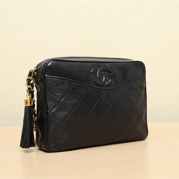 Chanel *Vintage* Black CC Vintage Tassel Camera Bag Quilted Lambskin Leather