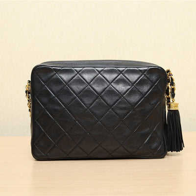 Chanel *Vintage* Black CC Vintage Tassel Camera Bag Quilted Lambskin Leather