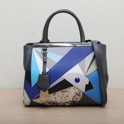 Fendi Blue Vitello Leather And Mixed Media Bird Petite Sac 2Jours Elite Tote Bag