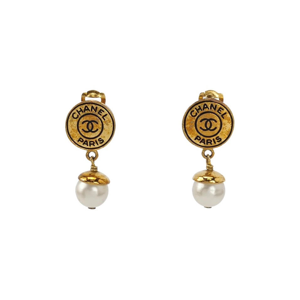 Chanel CC Faux Pearl Gold Tone Drop Clip-on Earrings
