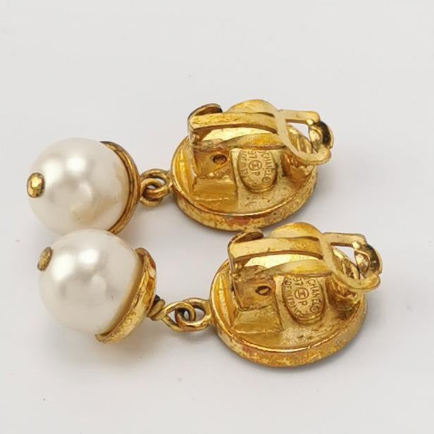 Chanel CC Faux Pearl Gold Tone Drop Clip-on Earrings