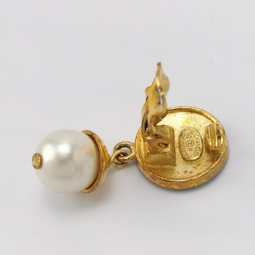 Chanel CC Faux Pearl Gold Tone Drop Clip-on Earrings