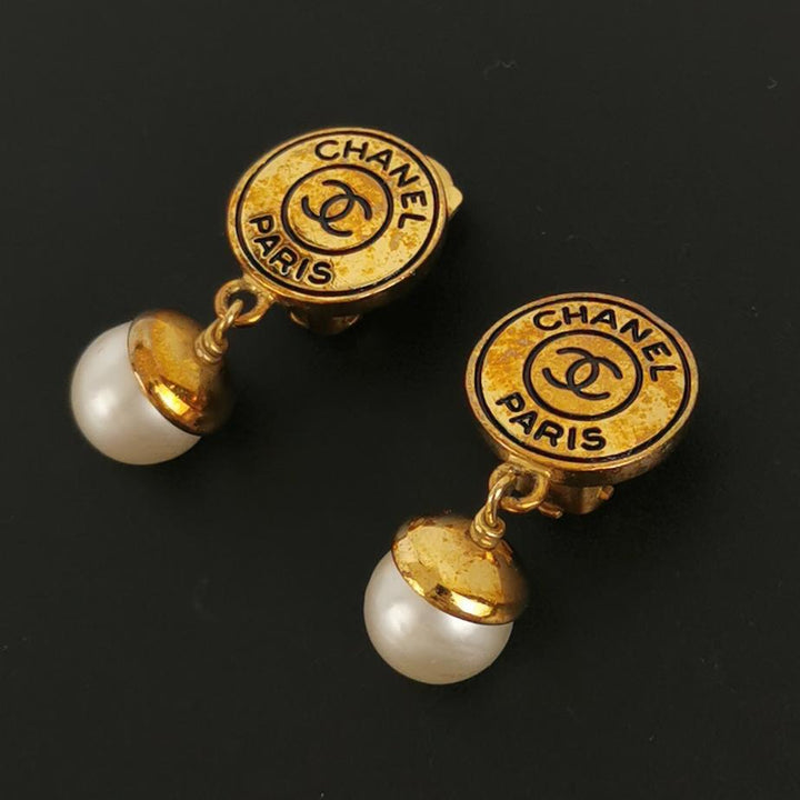Chanel CC Faux Pearl Gold Tone Drop Clip-on Earrings