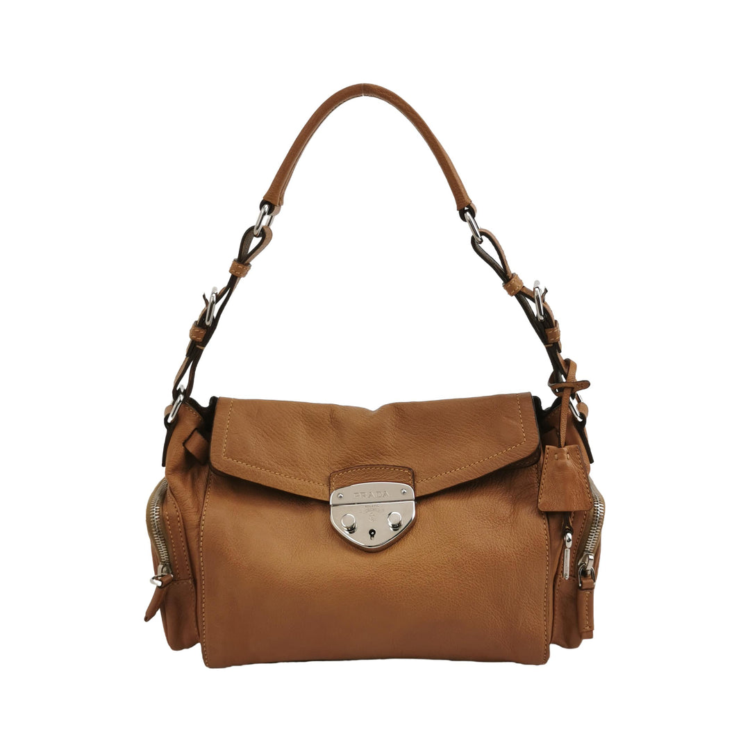 Prada Side Pocket Hobo Shoulder Bag Medium Tan Brown Leather Silver Hardware