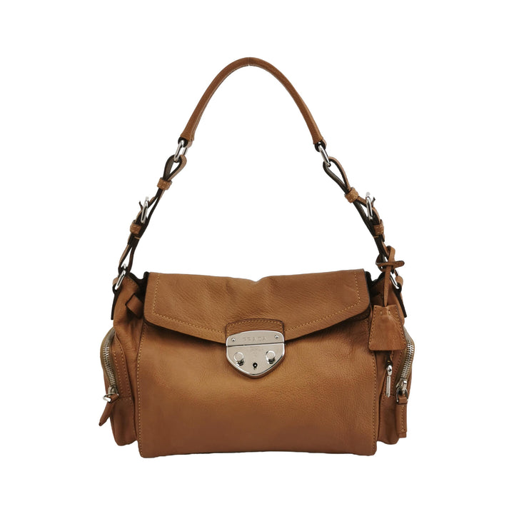 Prada Side Pocket Hobo Shoulder Bag Medium Tan Brown Leather Silver Hardware