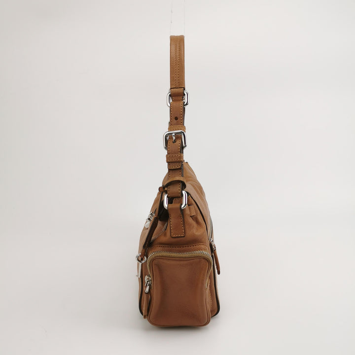 Prada Side Pocket Hobo Shoulder Bag Medium Tan Brown Leather Silver Hardware