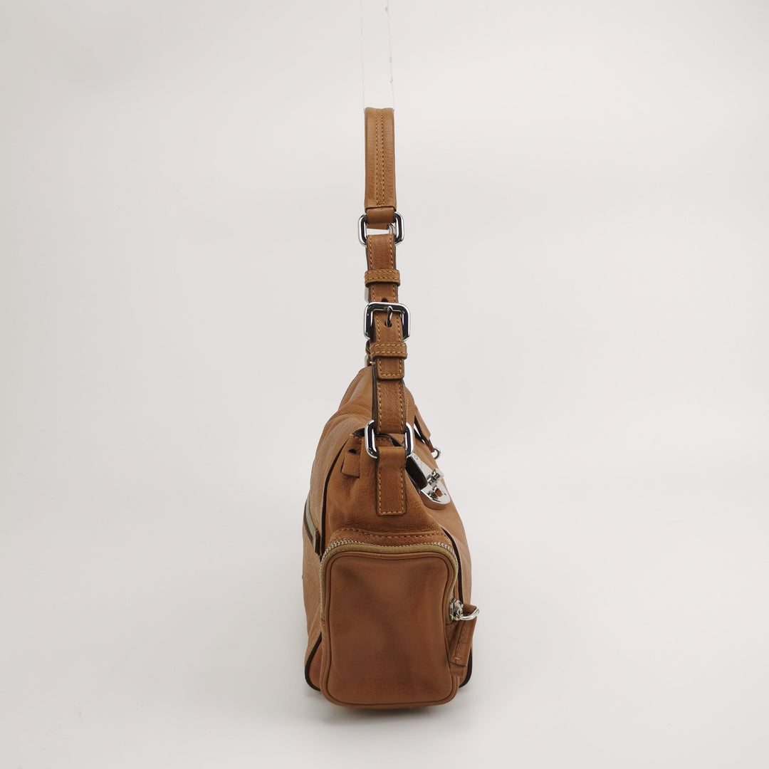 Prada Side Pocket Hobo Shoulder Bag Medium Tan Brown Leather Silver Hardware