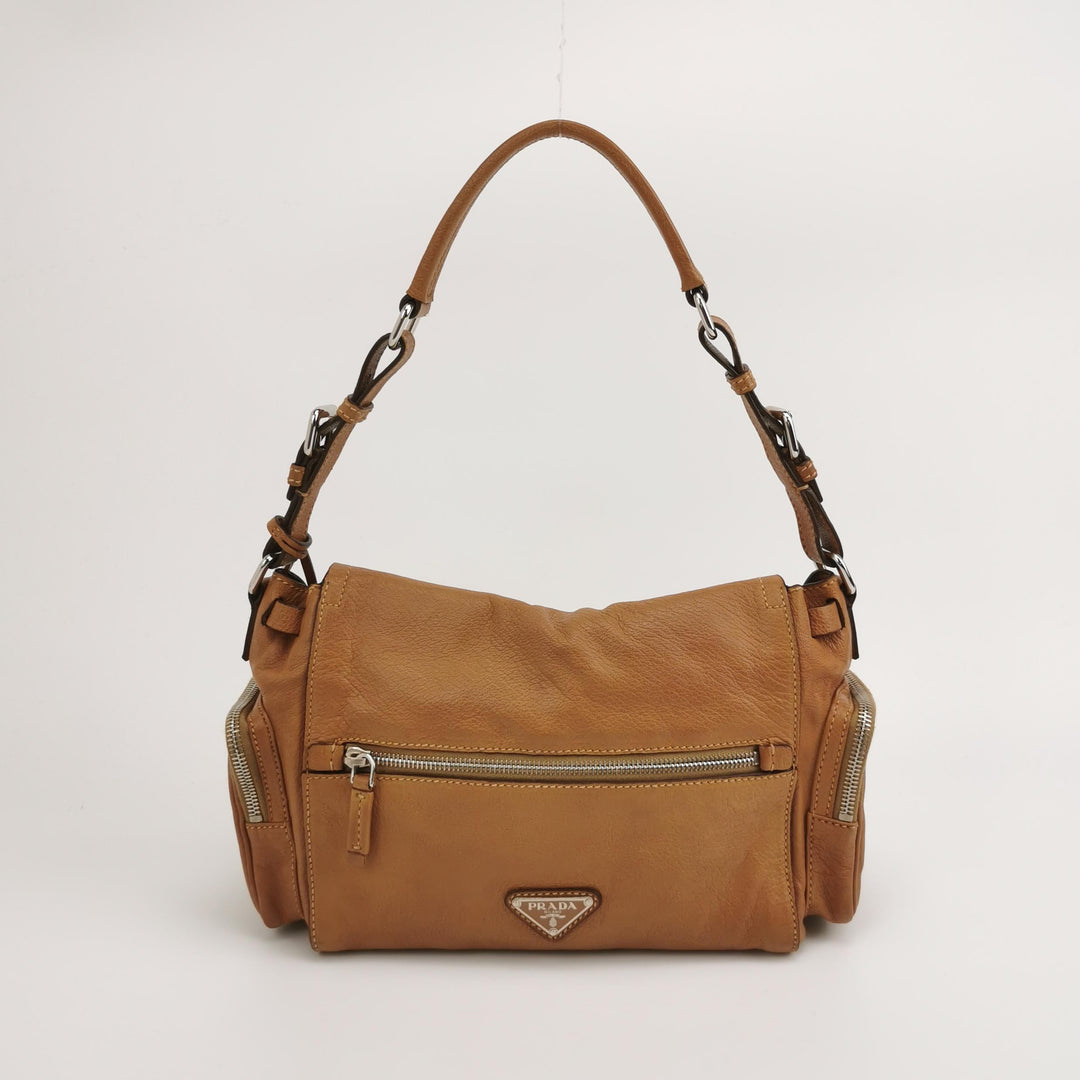 Prada Side Pocket Hobo Shoulder Bag Medium Tan Brown Leather Silver Hardware