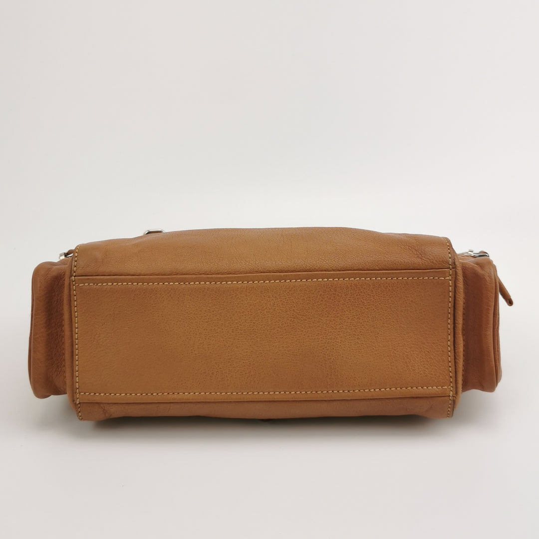 Prada Side Pocket Hobo Shoulder Bag Medium Tan Brown Leather Silver Hardware