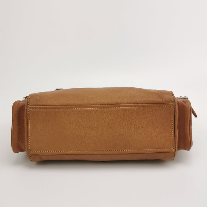 Prada Side Pocket Hobo Shoulder Bag Medium Tan Brown Leather Silver Hardware