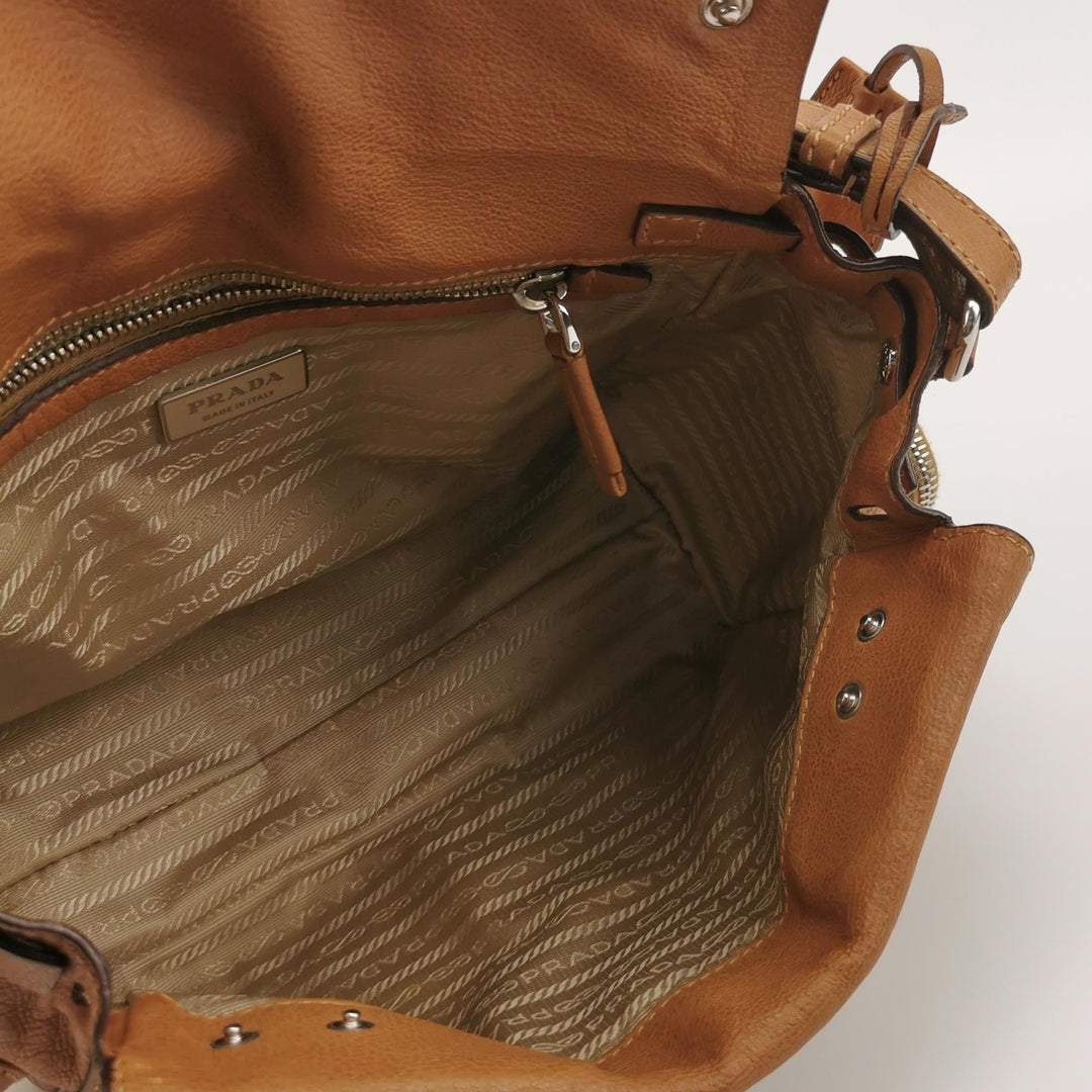 Prada Side Pocket Hobo Shoulder Bag Medium Tan Brown Leather Silver Hardware
