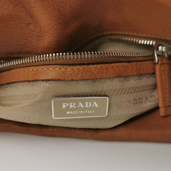 Prada Side Pocket Hobo Shoulder Bag Medium Tan Brown Leather Silver Hardware