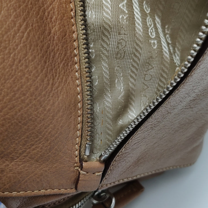 Prada Side Pocket Hobo Shoulder Bag Medium Tan Brown Leather Silver Hardware
