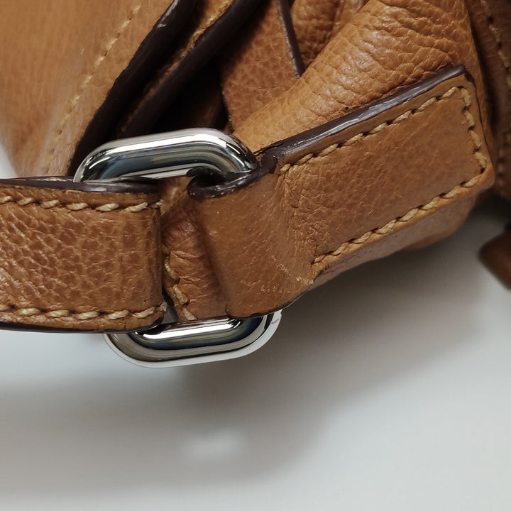 Prada Side Pocket Hobo Shoulder Bag Medium Tan Brown Leather Silver Hardware