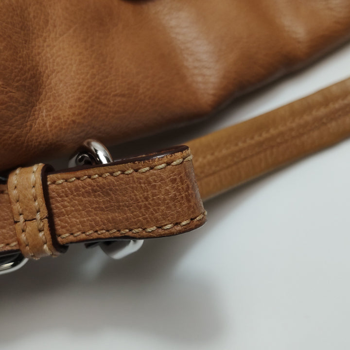 Prada Side Pocket Hobo Shoulder Bag Medium Tan Brown Leather Silver Hardware