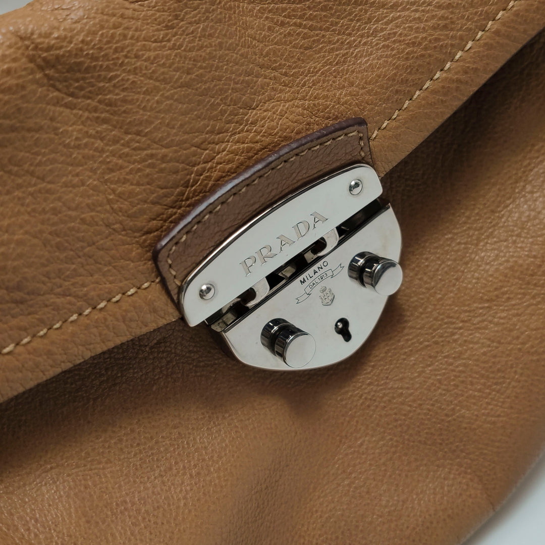 Prada Side Pocket Hobo Shoulder Bag Medium Tan Brown Leather Silver Hardware