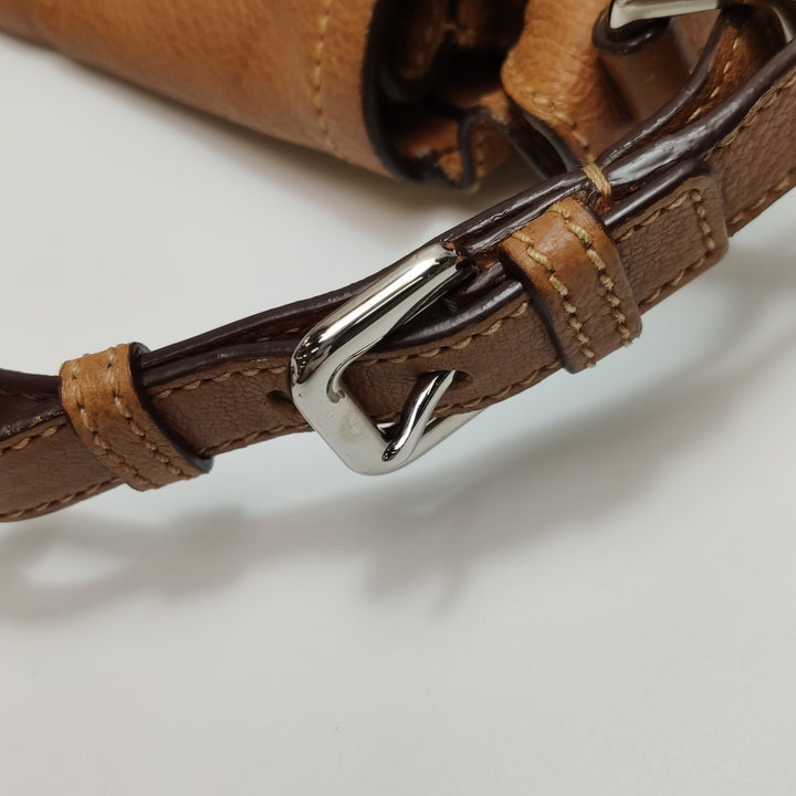 Prada Side Pocket Hobo Shoulder Bag Medium Tan Brown Leather Silver Hardware