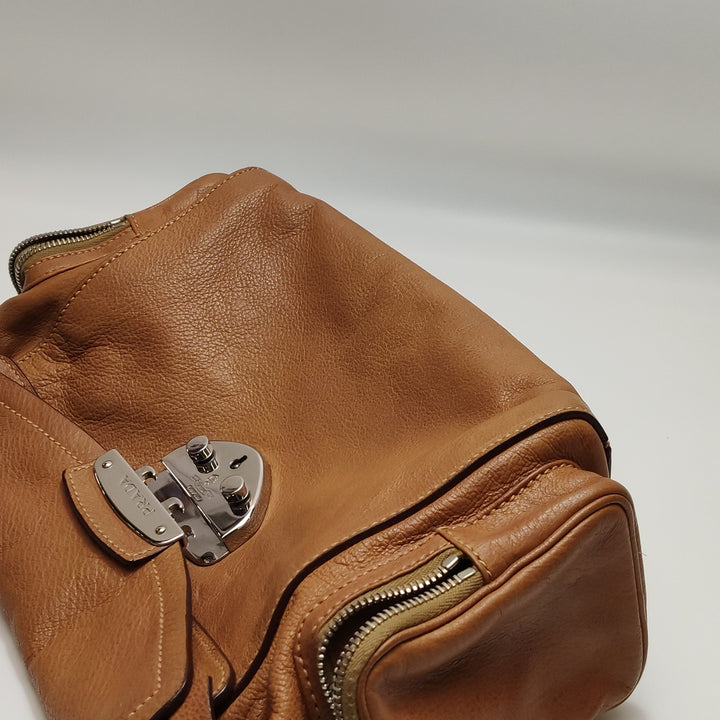 Prada Side Pocket Hobo Shoulder Bag Medium Tan Brown Leather Silver Hardware