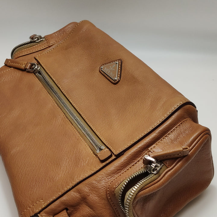 Prada Side Pocket Hobo Shoulder Bag Medium Tan Brown Leather Silver Hardware