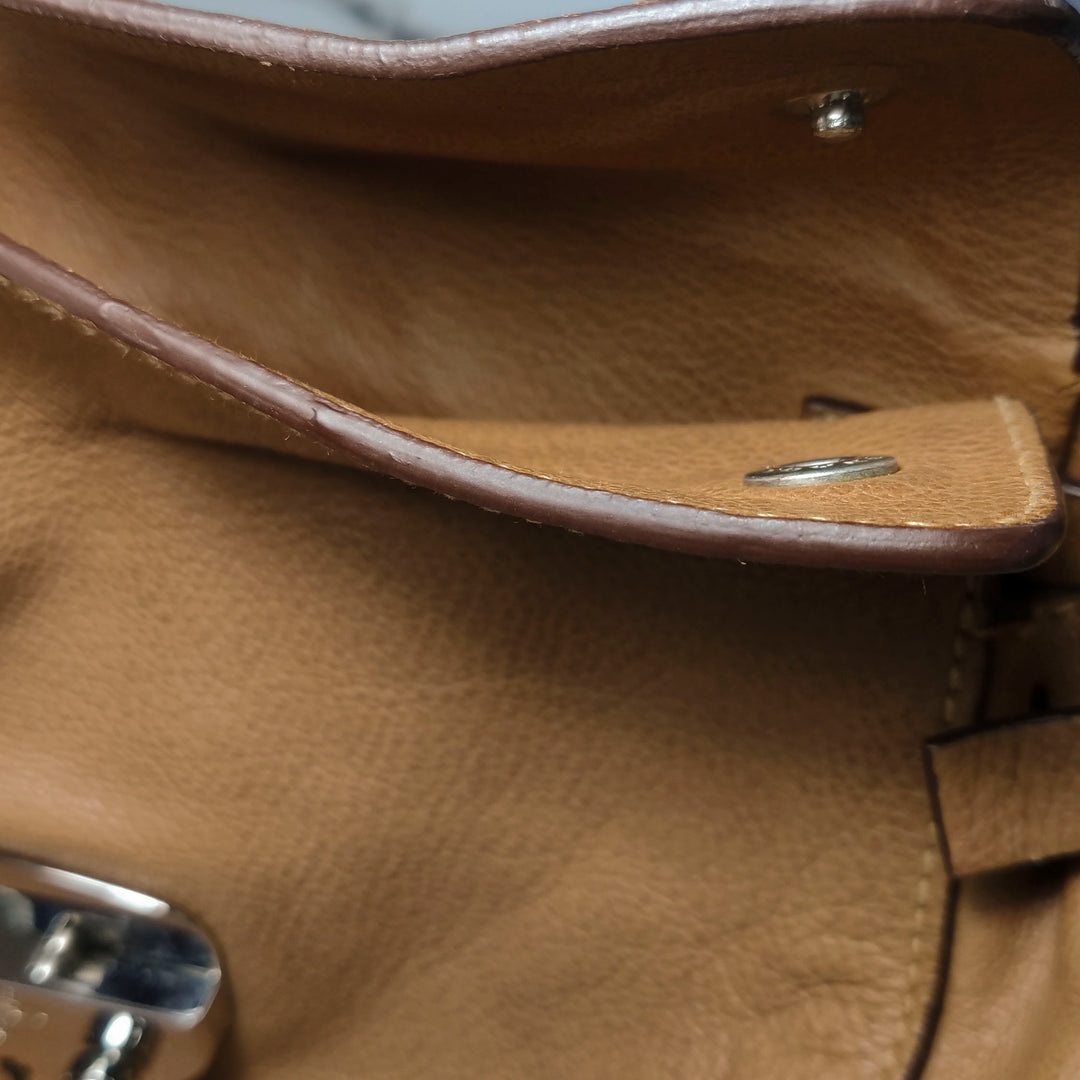 Prada Side Pocket Hobo Shoulder Bag Medium Tan Brown Leather Silver Hardware