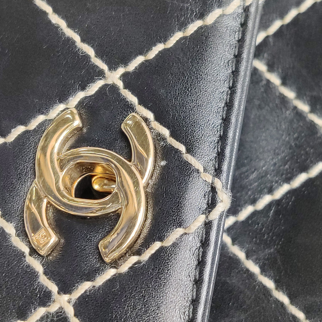Chanel Wild Stitch Surpique Flap Bag Medium Black Quilted Calfskin Gold Hardware