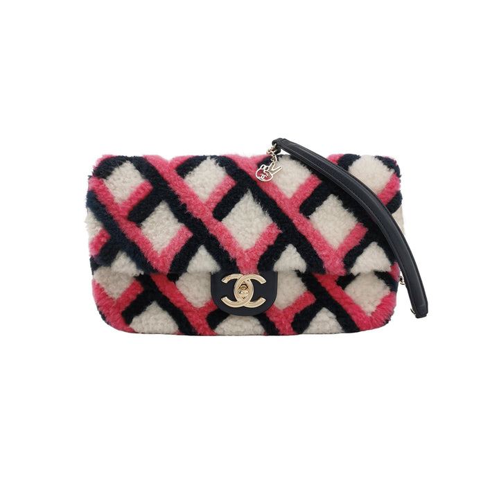 Chanel Emoticon Single Flap Bag In Fuchsia Navy White Shearling Lambskin