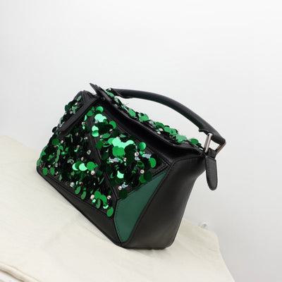 Loewe Puzzle Small Sequined Leather Shoulder Bag In Green/black