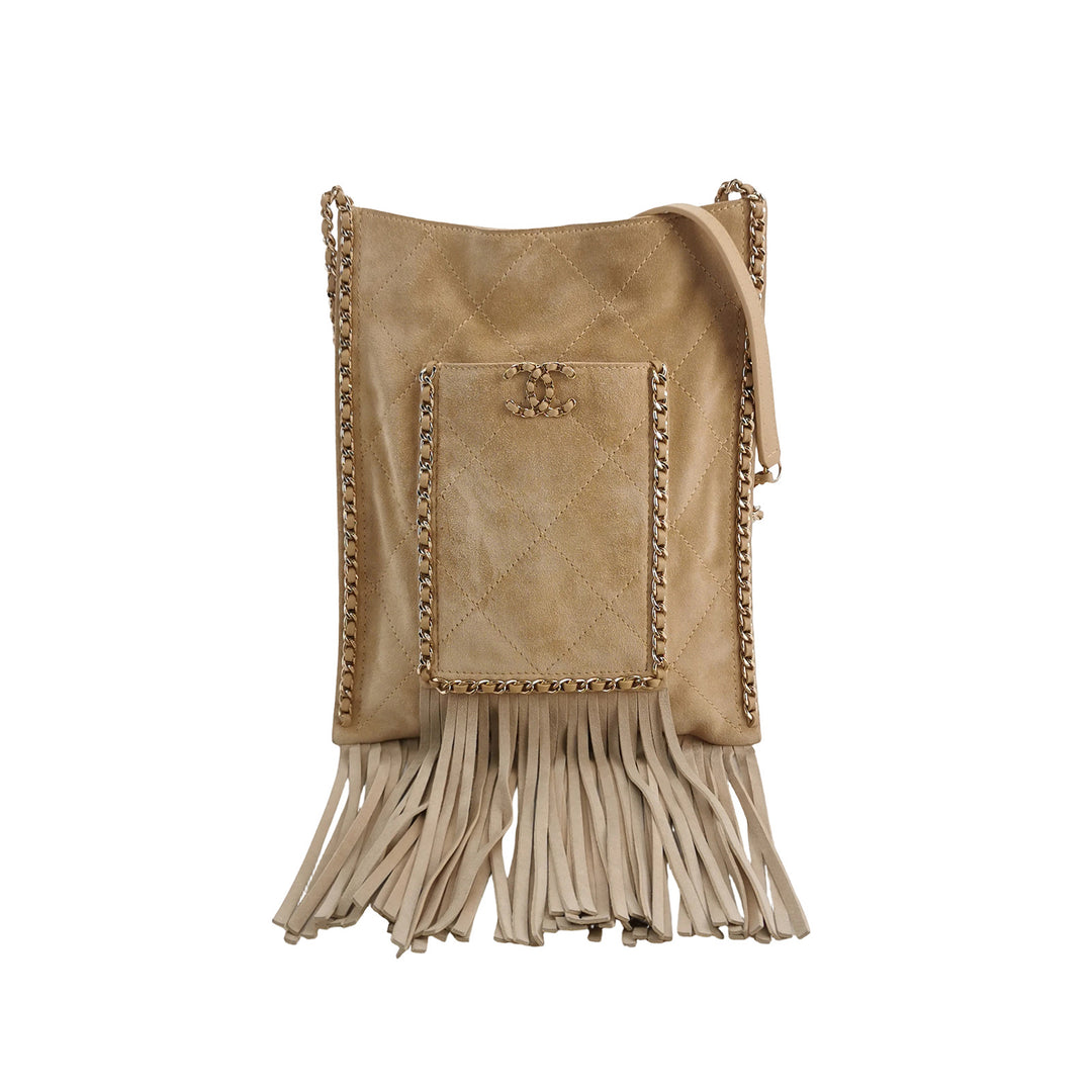 Chanel Fringe Shopping Bag In Beige Suede Bag