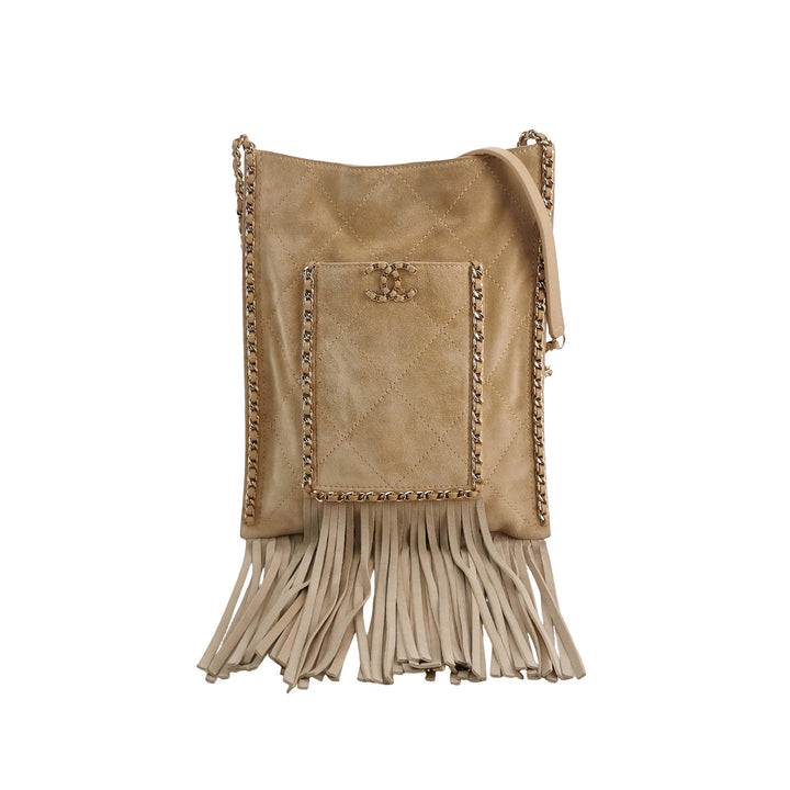 Chanel Fringe Shopping Bag In Beige Suede Bag