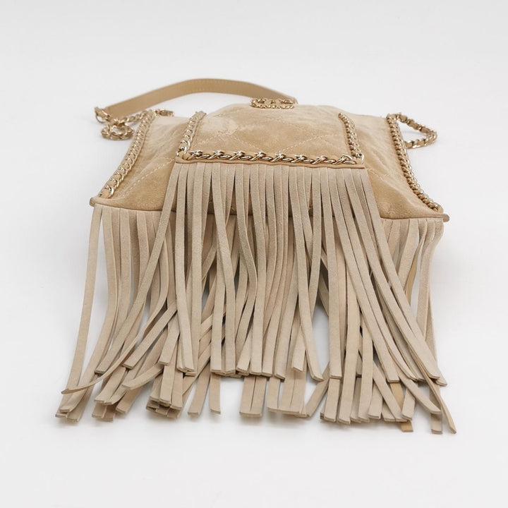 Chanel Fringe Shopping Bag In Beige Suede Bag