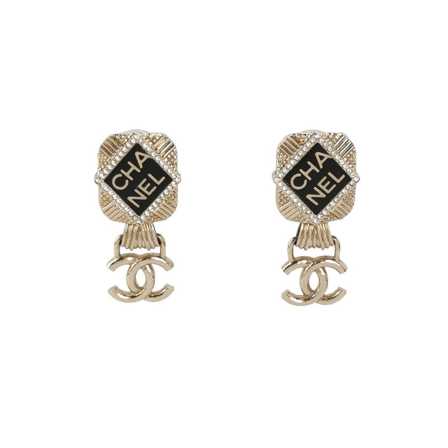 Chanel Resin Crystal Quilted CC Drop Earrings Black Gold