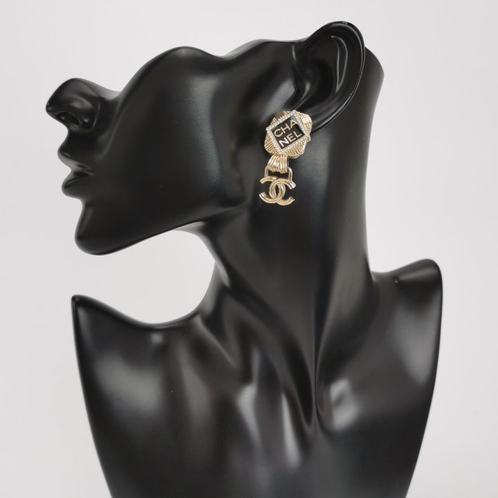 Chanel Resin Crystal Quilted CC Drop Earrings Black Gold