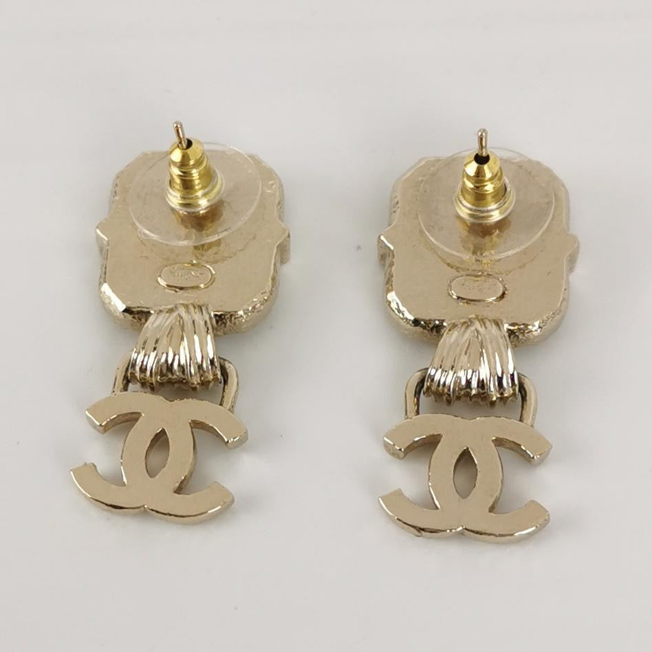 Chanel Resin Crystal Quilted CC Drop Earrings Black Gold