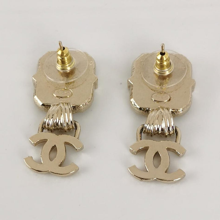 Chanel Resin Crystal Quilted CC Drop Earrings Black Gold
