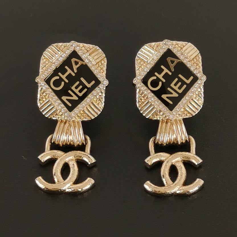 Chanel Resin Crystal Quilted CC Drop Earrings Black Gold