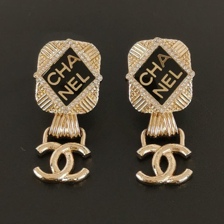 Chanel Resin Crystal Quilted CC Drop Earrings Black Gold
