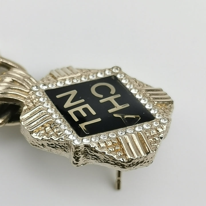 Chanel Resin Crystal Quilted CC Drop Earrings Black Gold