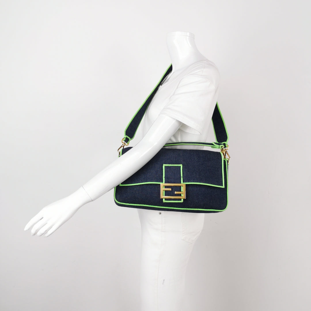 Fendi Baguette NM Bag Denim with Green Detail