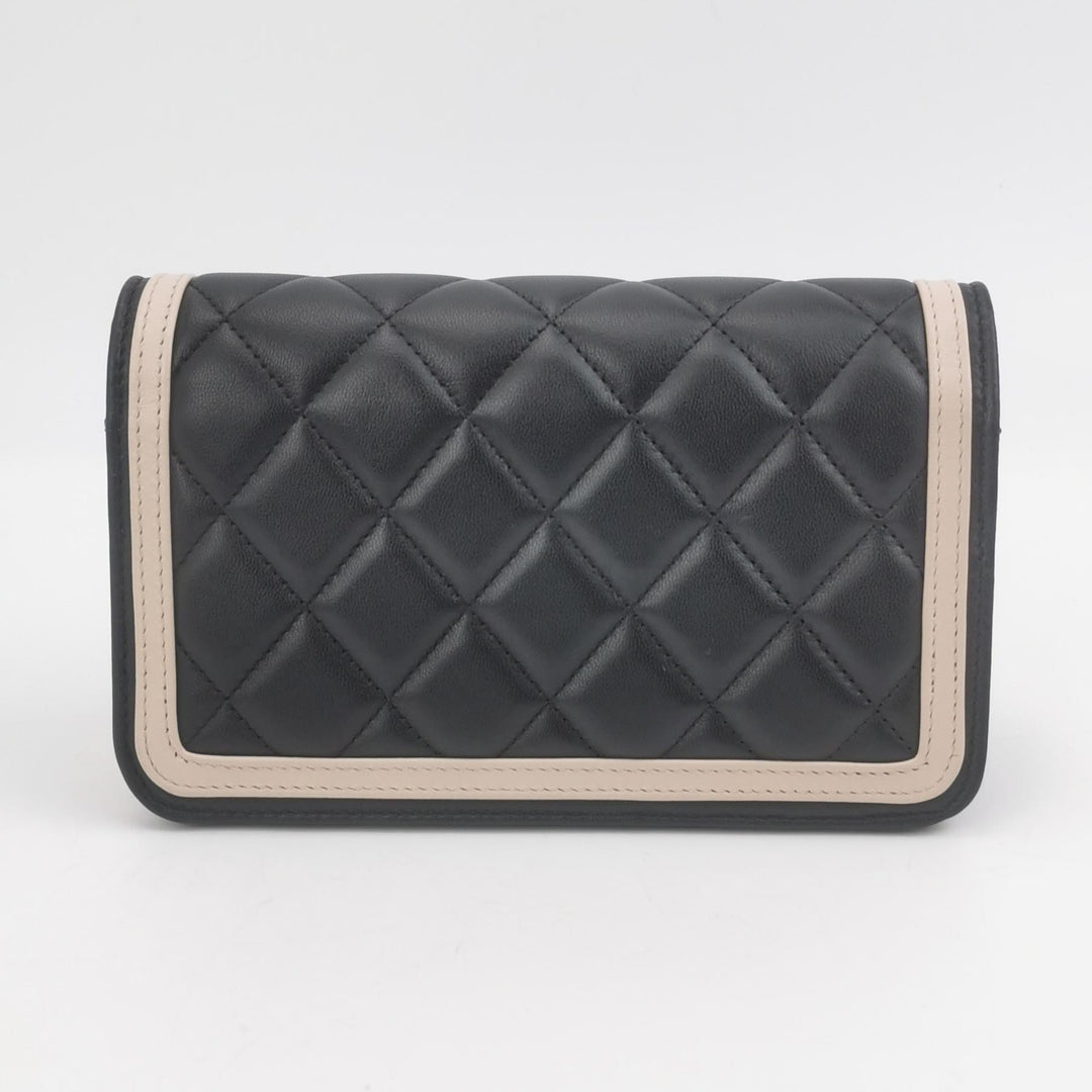 Chanel Wallet On Chain in Black Quilted Lambskin with Pink Trim