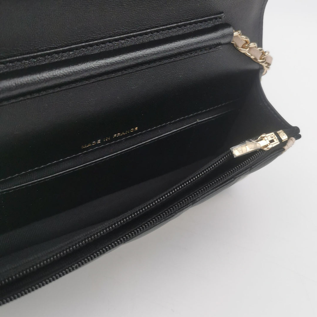 Chanel Wallet On Chain in Black Quilted Lambskin with Pink Trim