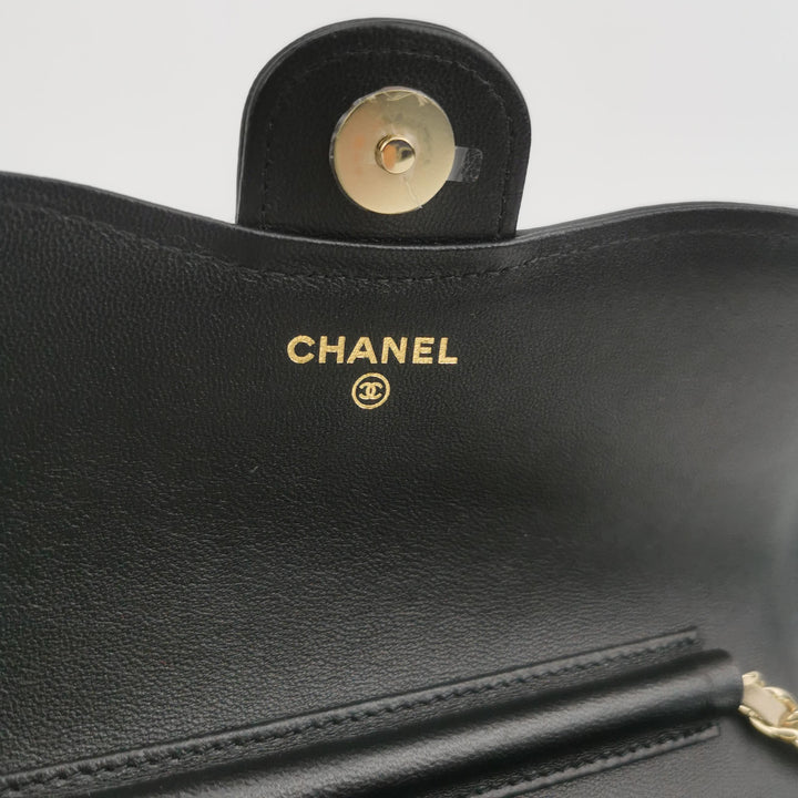 Chanel Wallet On Chain in Black Quilted Lambskin with Pink Trim