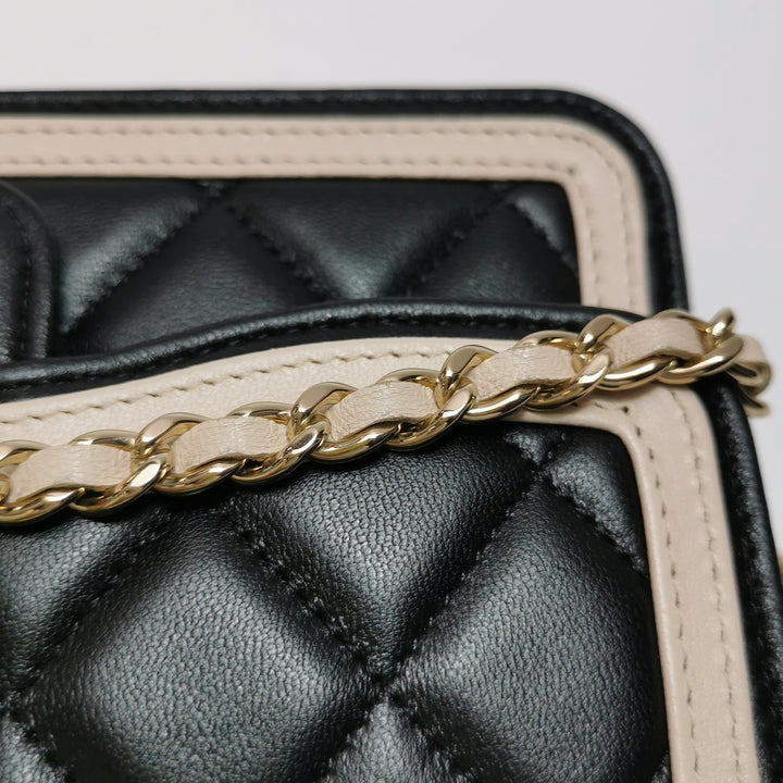 Chanel Wallet On Chain in Black Quilted Lambskin with Pink Trim
