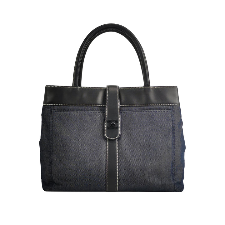 Chanel Vintage Large Tote Bag Blue Denim and Black Leather