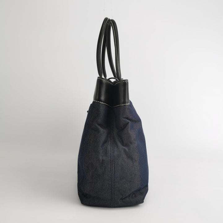 Chanel Vintage Large Tote Bag Blue Denim and Black Leather